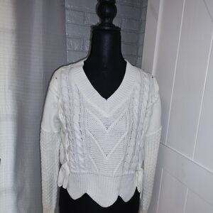 Ultra Flirt White V-Neck Cable Knit Sweater